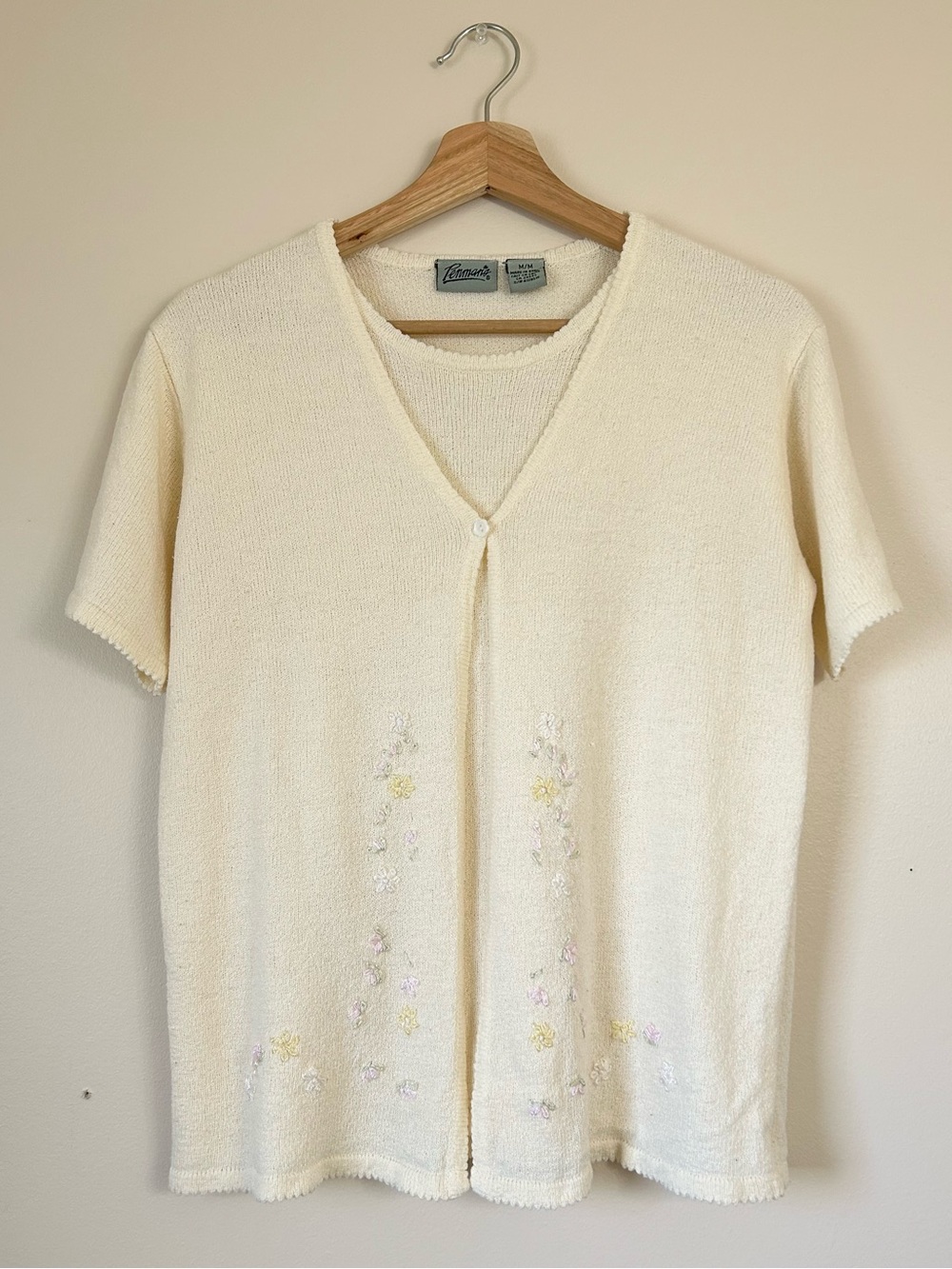 Vintage 90s Penmans Cream Embroidered Knit Tee Cardigan | Medium